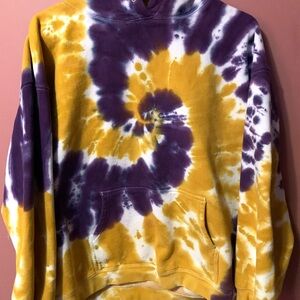 Vintage XL Tie Dye Gold Purple Hoodie Pullover Front Pocket Hooded Sweatshirt